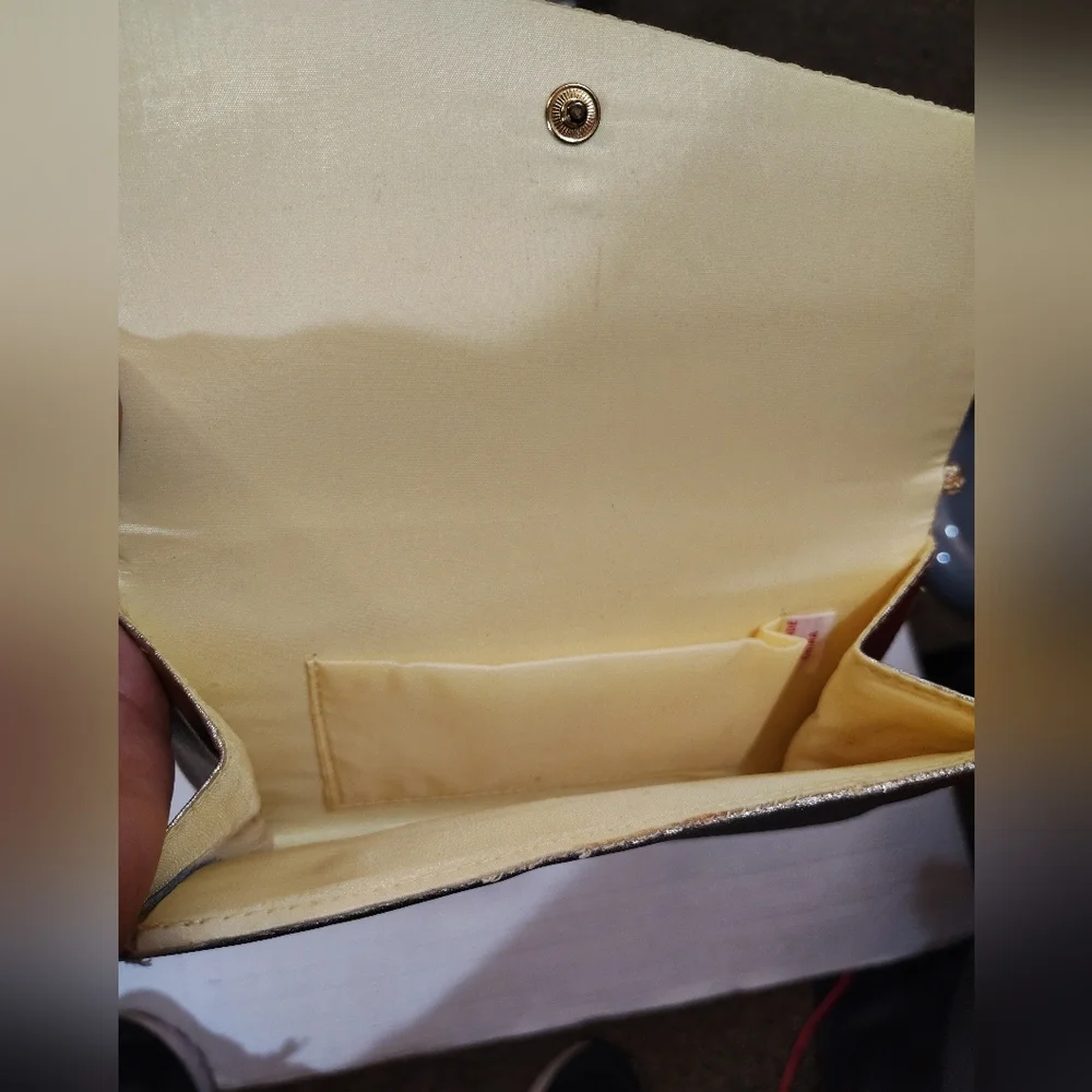 Metallic Gold Purse, Snap Shut And Open Compartment With Pocket, Strap - Picture 5 of 7